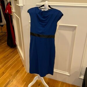 Blue and black dress with caps sleeves and flattering collar